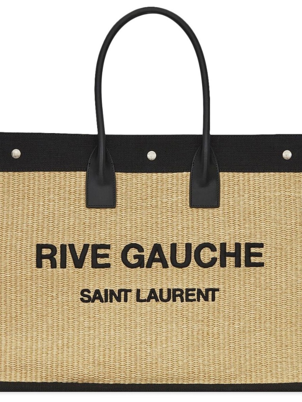 Saint Laurent YSL Rive Gauche Raffia Beige Black Canvas Logo Tote Bag